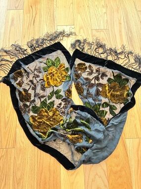 Embroidered Floral Velvet Applique Scarf - Black, Gold, Green
